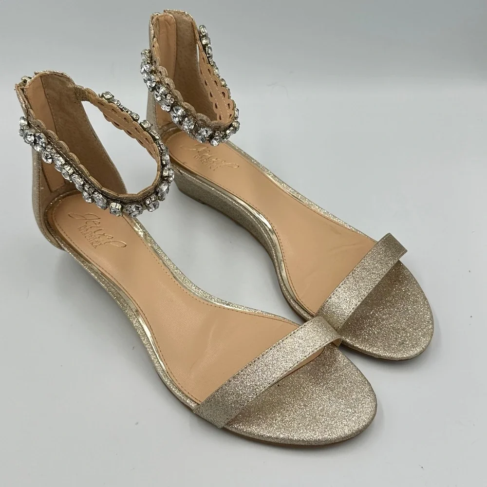 Jewel Badgley Mischka Gold Glitter Ankle Strap Sandals‎ 10 w/ Box & Extras
